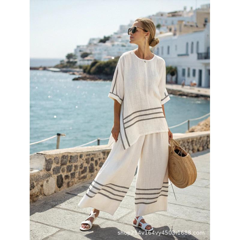 1D European and American Style Plus-size Loose Casual Five-quarter Sleeve Women's Summer Fashion Seaside Vacation Beach Two-piece Set