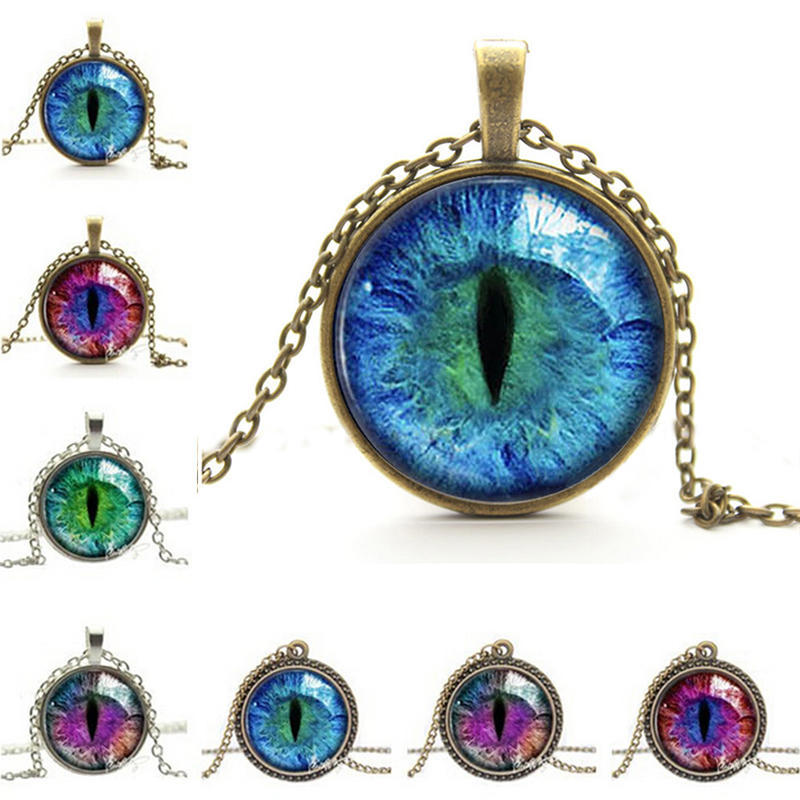 Vintage Jewelry Cat Eye Pendant Necklace Charm Rhinestone Chain Ethnic Necklace
