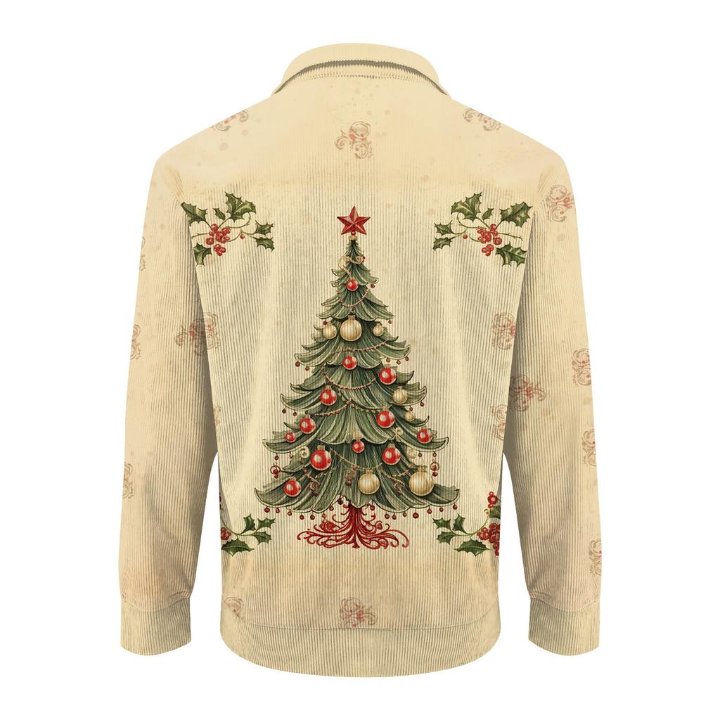 Men's Christmas Cotton Pullover Long Sleeve Outdoor Shirt Vintage Corduroy Button Stand Collar Shirt Casual Sweatshirt Christmas Print Top