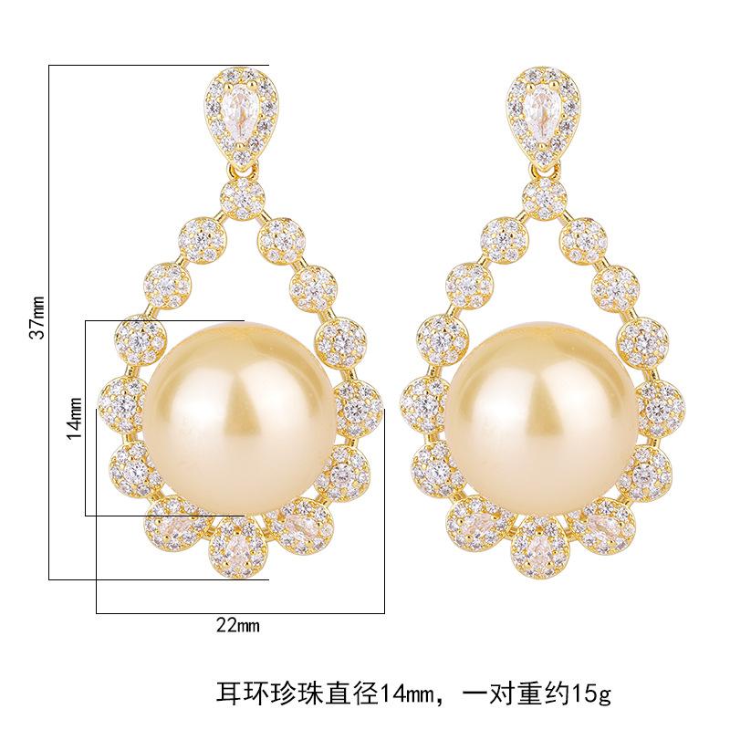 Copper bottom gold-plated wish inlaid fritillary pearl Korean version fashion independent packaging diamond-inlaid women's stud earrings 14mm