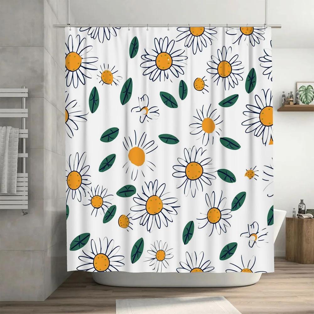 Charming Floral Shower Curtain Bright White Background with Daisies Leaves for Bathroom Decor 72 x 84 Inches Size Customizable E