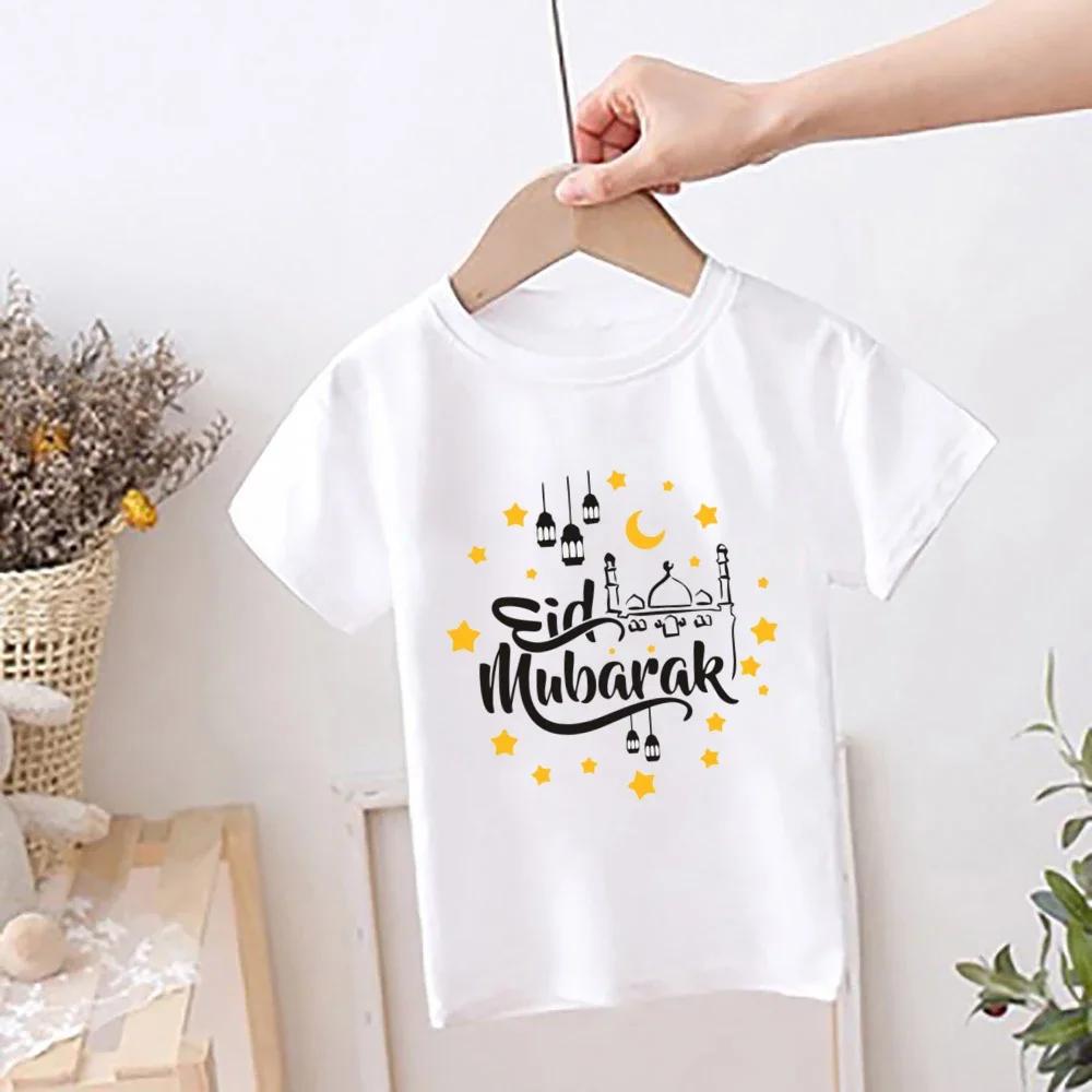 Moon Star Ramadan Printed Kids Shirt Child Ramadan Eid Tshirt Outfit Girls Boys Tops Short Sleeve Tops Islamic Muslim Clothes