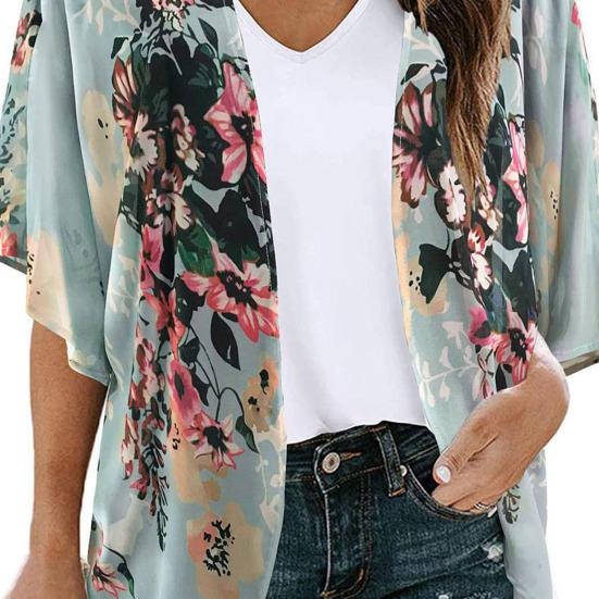 Women Beach Shirt Flower Print Thin Soft Short Sleeve Open Stitch Loose Breathable Sun Protection Anti-UV Lady Beach Cover-up