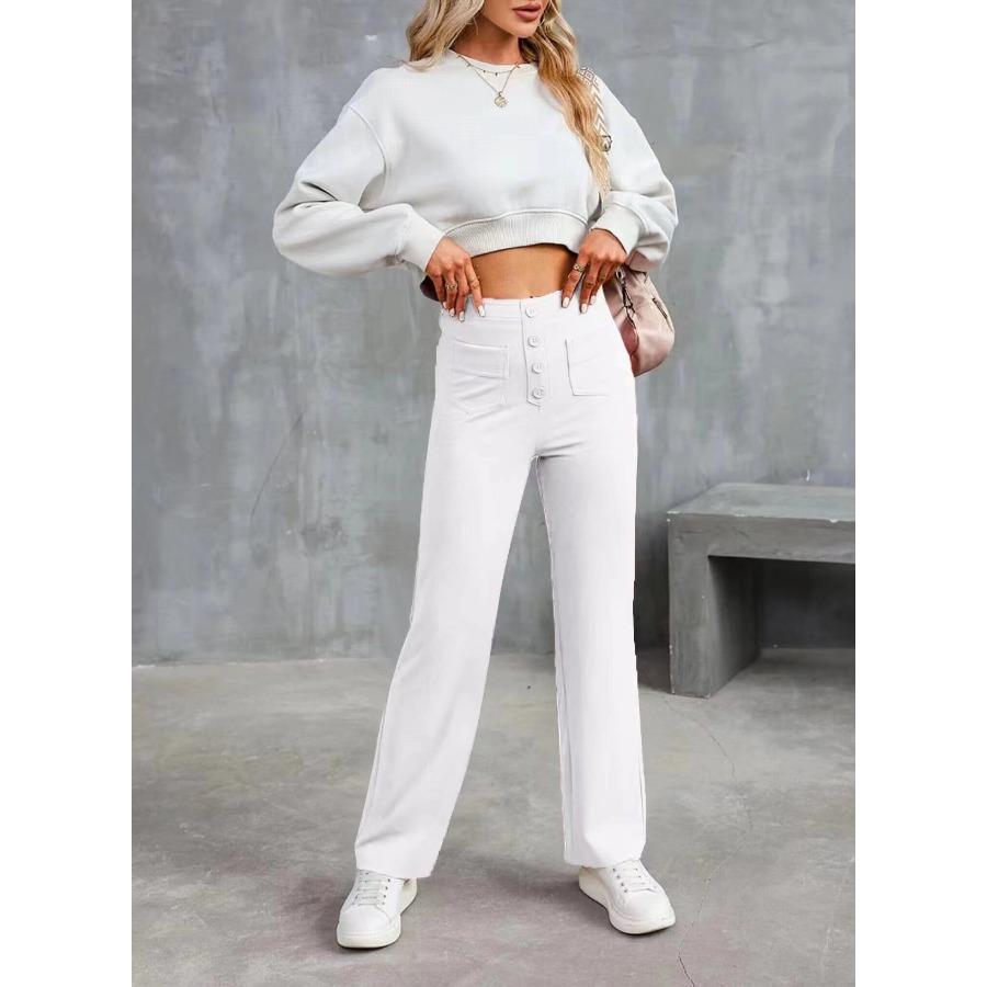 Fashionable Women's Casual Straight Leg Pants with High Waist Button Elastic Band Multiple Pockets Trousers Women’s