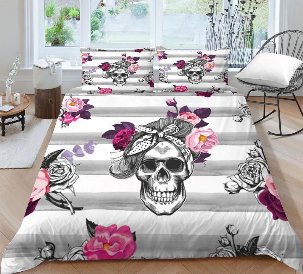 3D-Druck-Schädel-Bettset, atmungsaktiv, Heimbettwäsche mit Kissenbezug, für Kinder, Herren, Teenager, hochwertiger Bettbezug