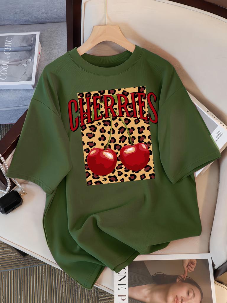 Leopard Cherry Creative Design Womens Tee Shirts Cotton Casual T Shirt Summer O-Neck Streetwear Soft Oversized Short Sleeve