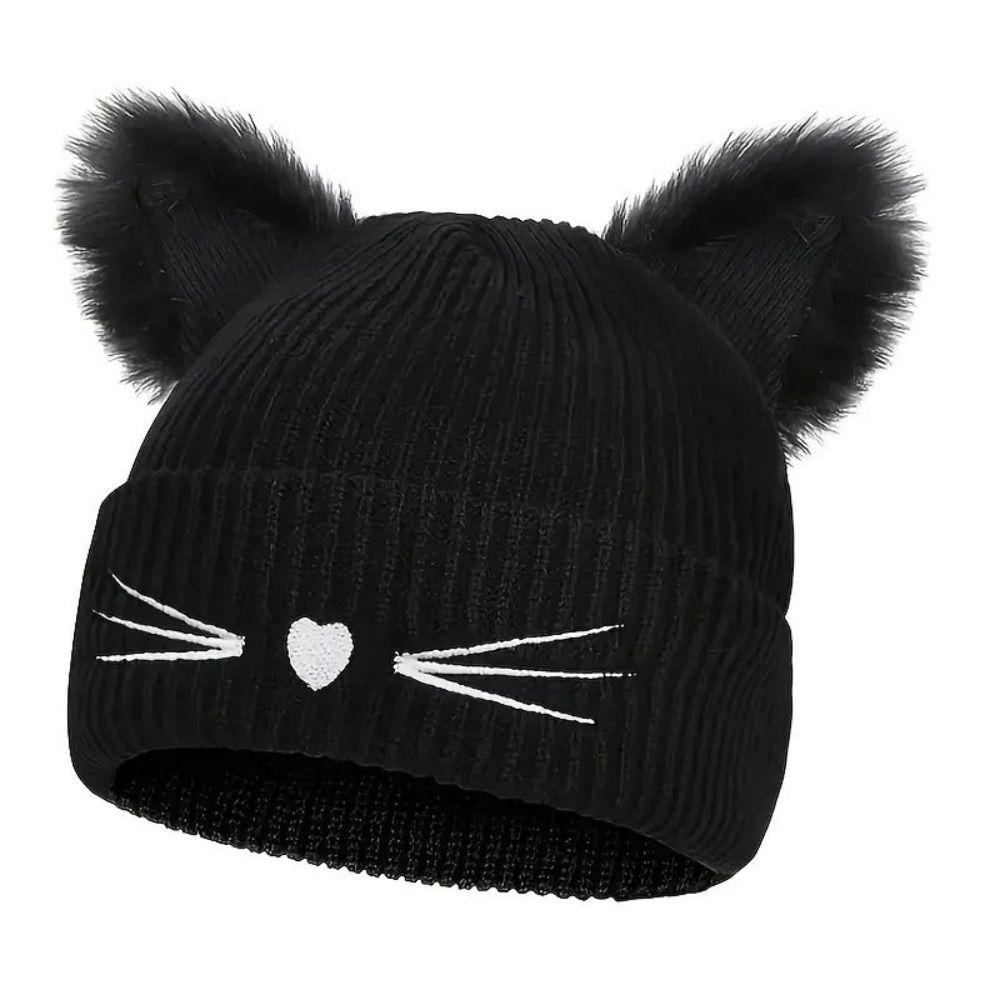Embroidery Cat Ear Beanie Faux Fur Winter Hat Cute Kawaii Beanie For Women