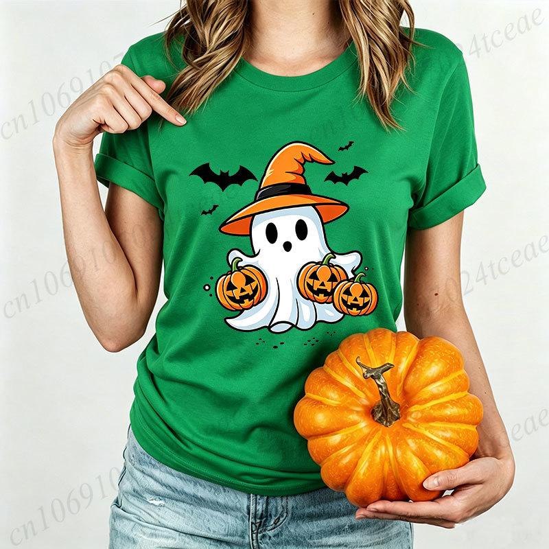 Halloween Schattige Geest Heksenhoed Print T-shirt voor Dames Cartoon Pompoen Vleermuis Grafische Tee Herfst Casual T-shirt Halloween Kostuum Tops