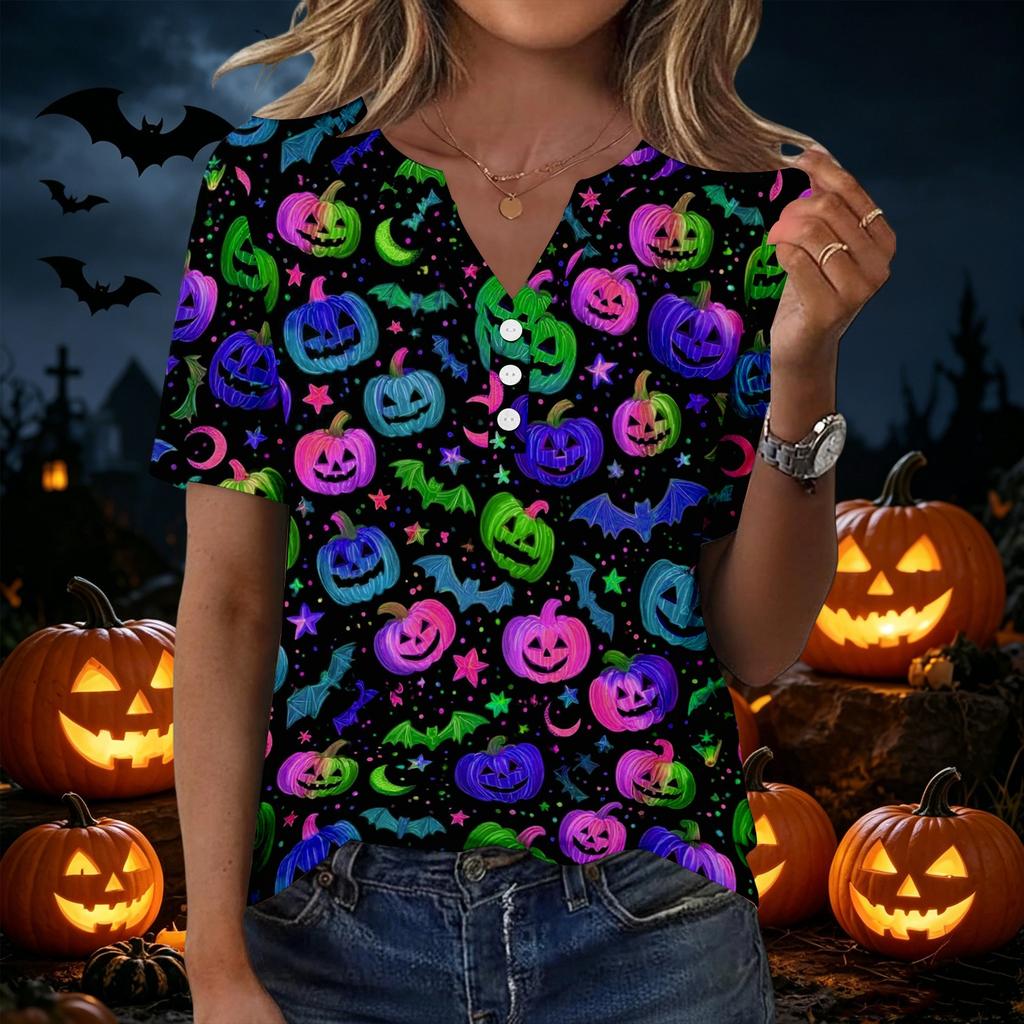 Women Casual V Neck Short Sleeve Button Front T Shirt Halloween Pumpkin Bat Print Split Design Top