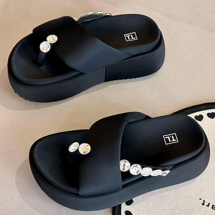 Women's Shoes 2025 Summer New Rhinestone Pinch Cold Slippers Outside Casual Muffin Thick Sole Heightening Round Head Beach Shoes