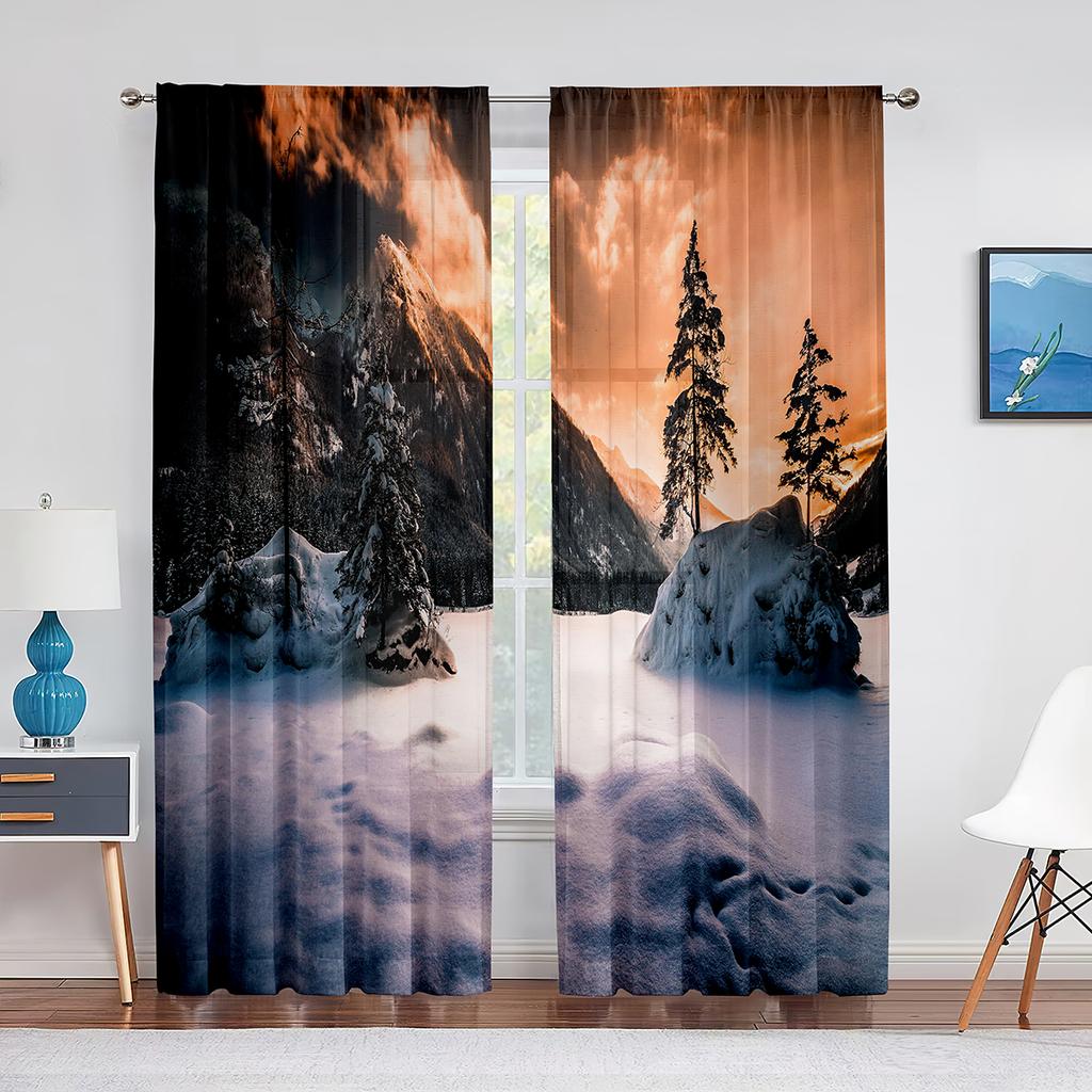 Snow Mountain Dreamy Dusk Scenery Sheer Curtain for Living Room Bedroom Voile Drape Kitchen Window Tulle Curtains Home Essential