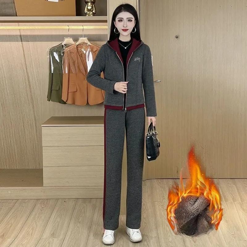 Plus Samt Dicke Pulloverjacke Damen Herbst und Winter Lässiger Sportanzug Warm Mode Hose Zweiteiliger Anzug