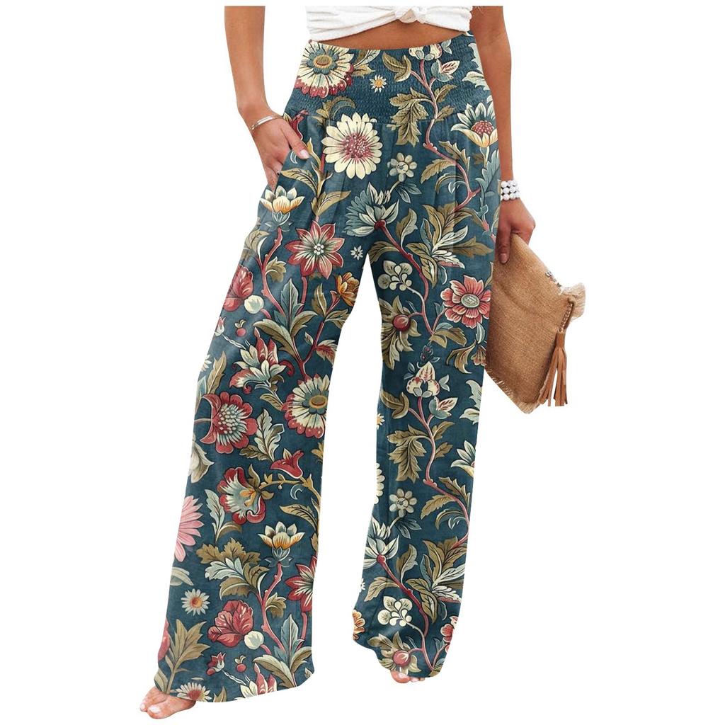 Women's Summer Elastic Waist Floral Printed Cotton And Linen Loose Pants