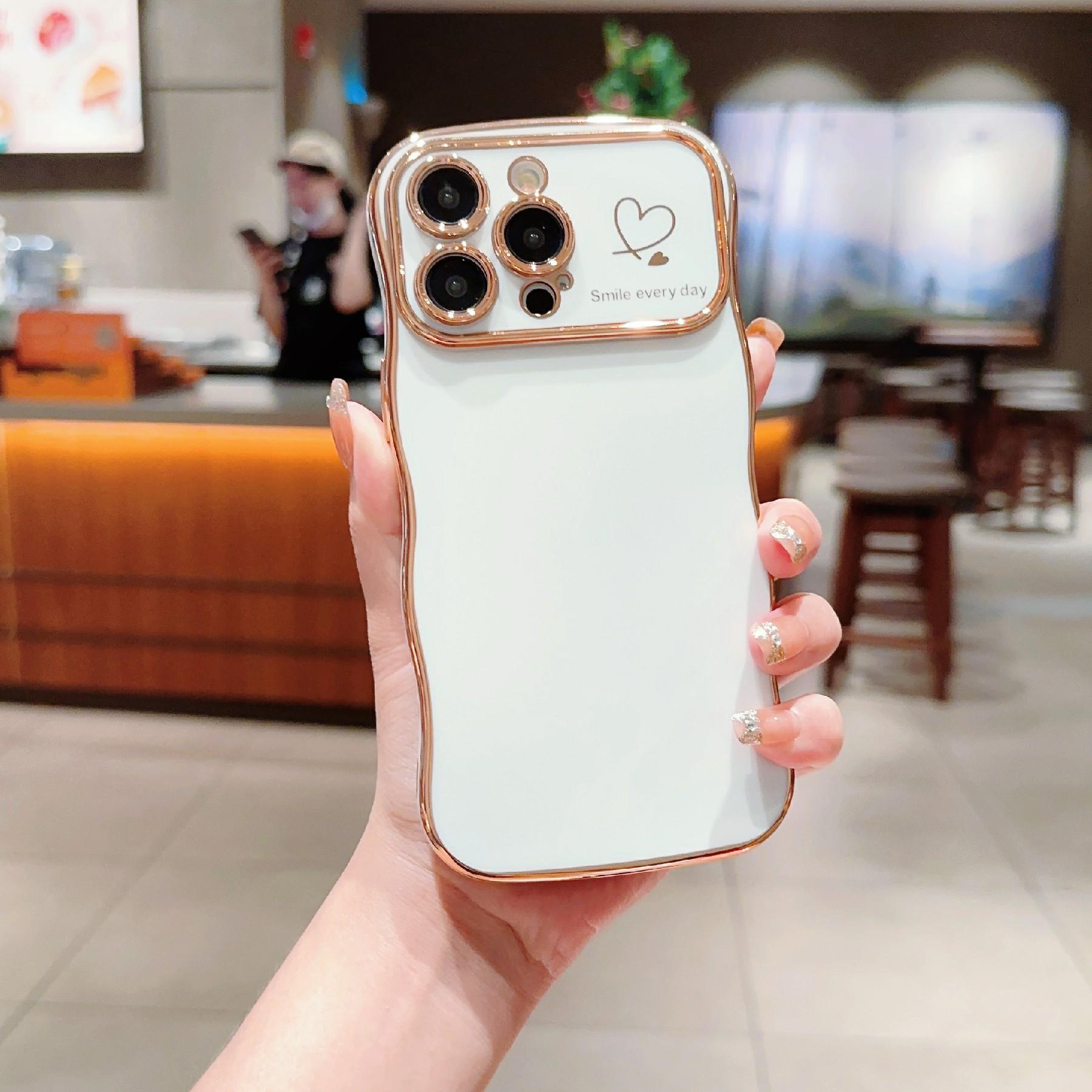

For iPhone 15 Pro Max Case Wave Frame with Love Heart Raised Camera Protection TPU Cover Ivory White