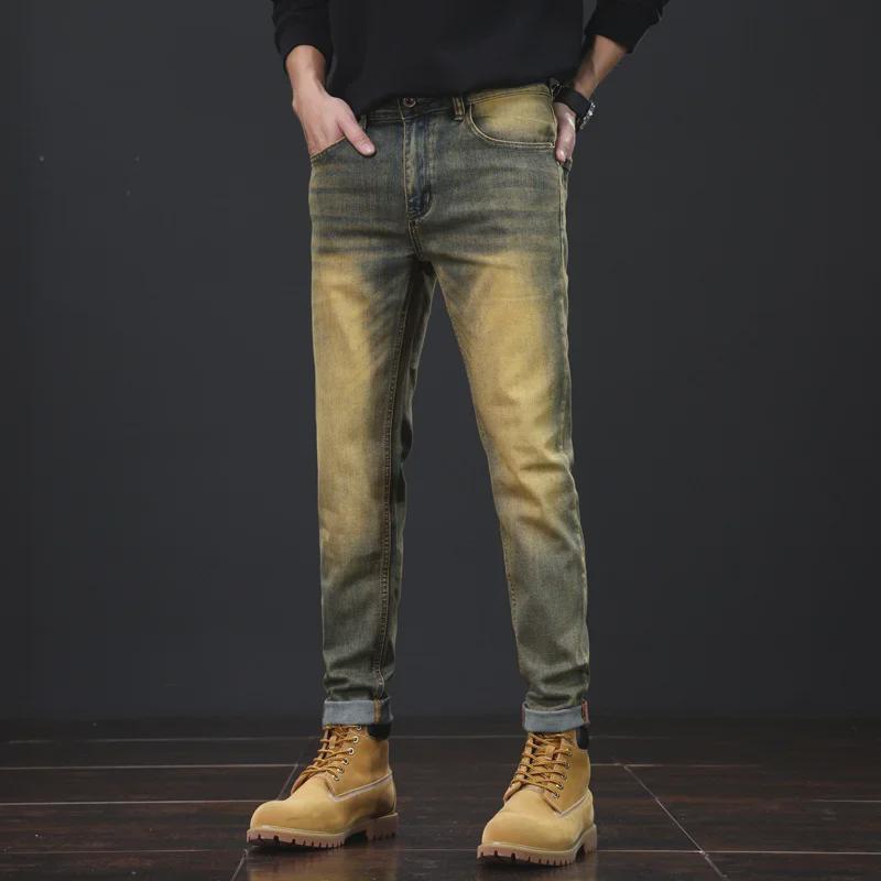 Herr Retro Gula Slim-Fit Jeans - High-End, Elastiska, Skinny Stil för Vår och Höst.