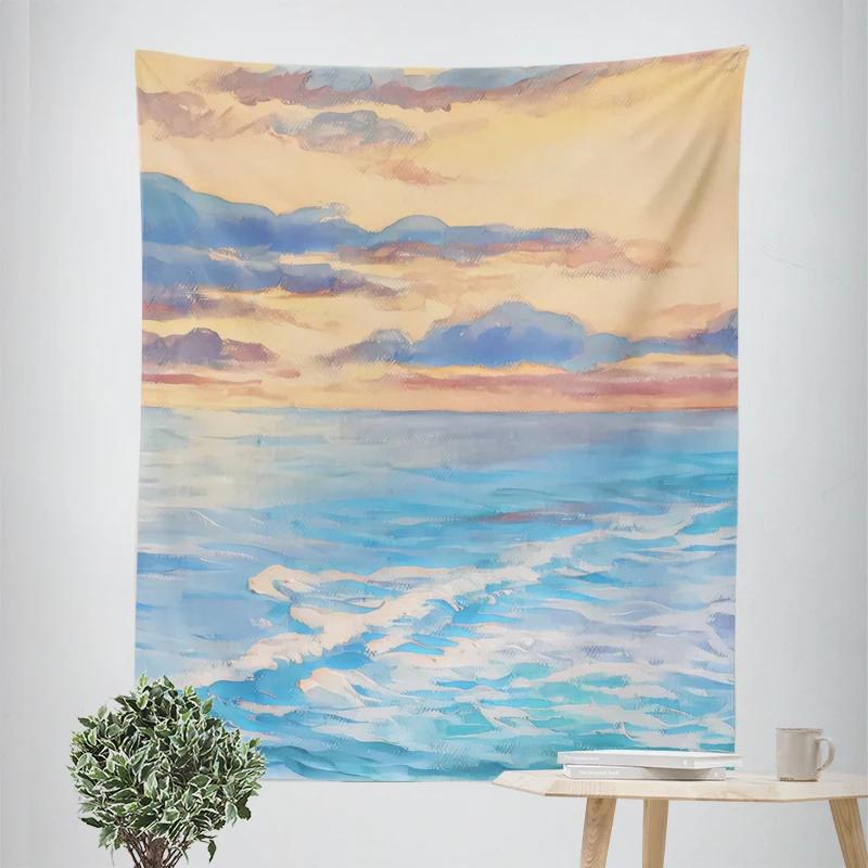 VIKAMA Healing Seaside Sunset Tapestry Bedroom Headboard Balcony Wall Decor Tapestry InstagramStyle Artistic Room Decor