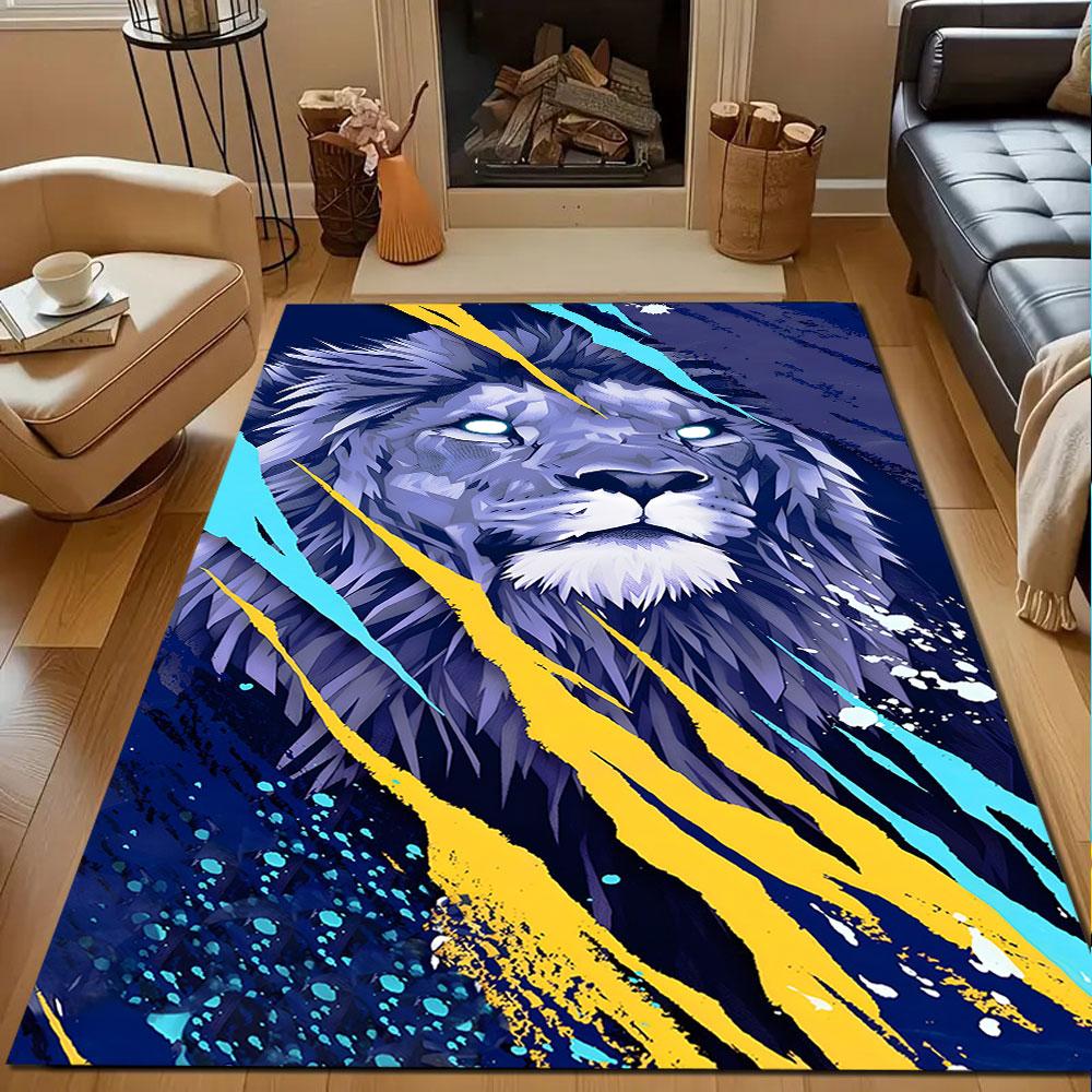 Majestic Blue Lion with Neon Streaks Patterned carpet, non slip mat suitable for living room and bedroom sofas