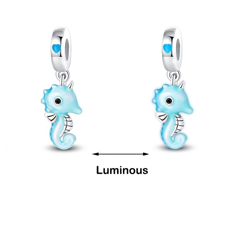 Abalorios luminosos de plata de ley 925 auténtica con forma de ballena, pulpo, concha marina, color azul, aptos para pulseras originales 925, joyería fina DIY