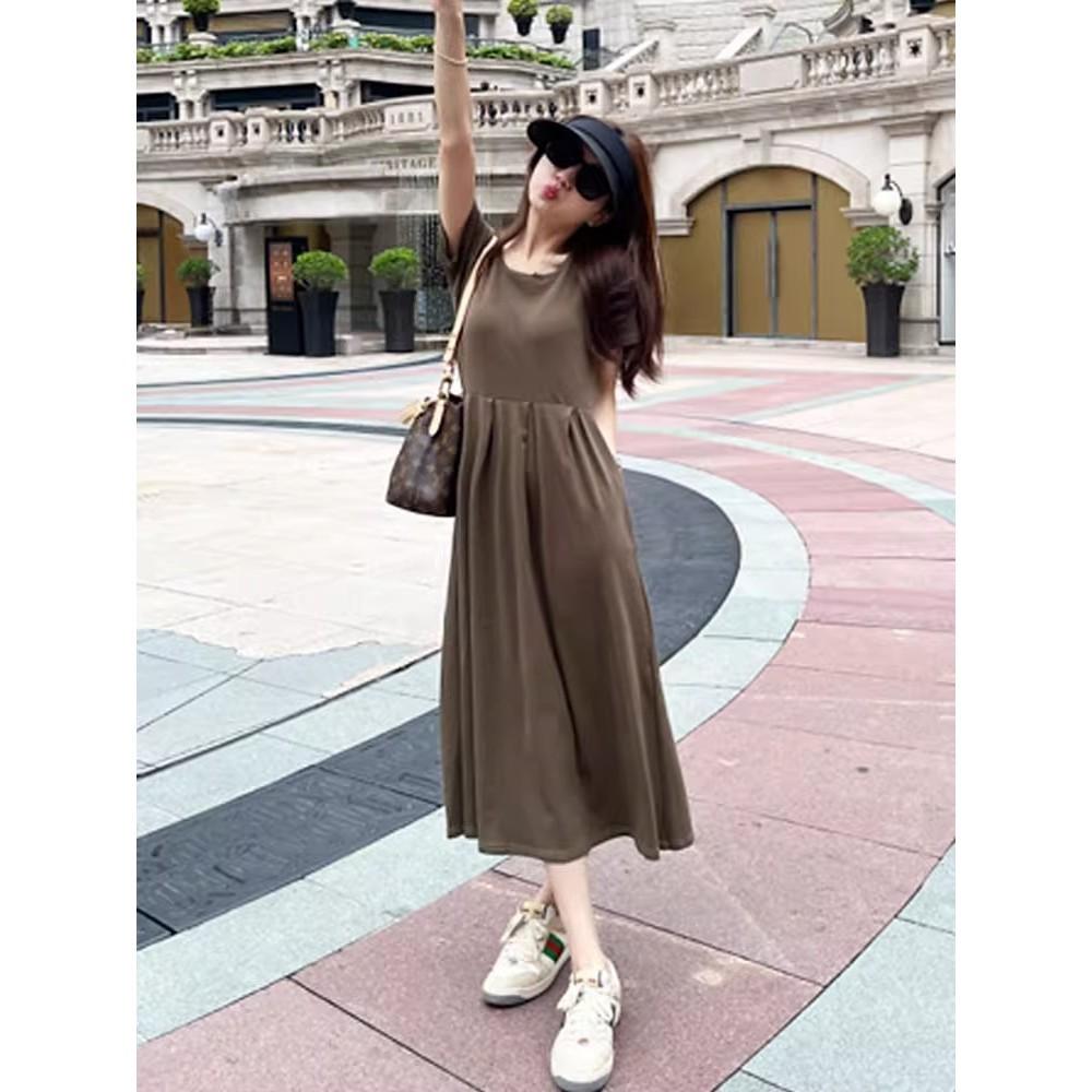 French small short-sleeved t-shirt dress women's new summer women's clothing Hepburn style waist and thin dress