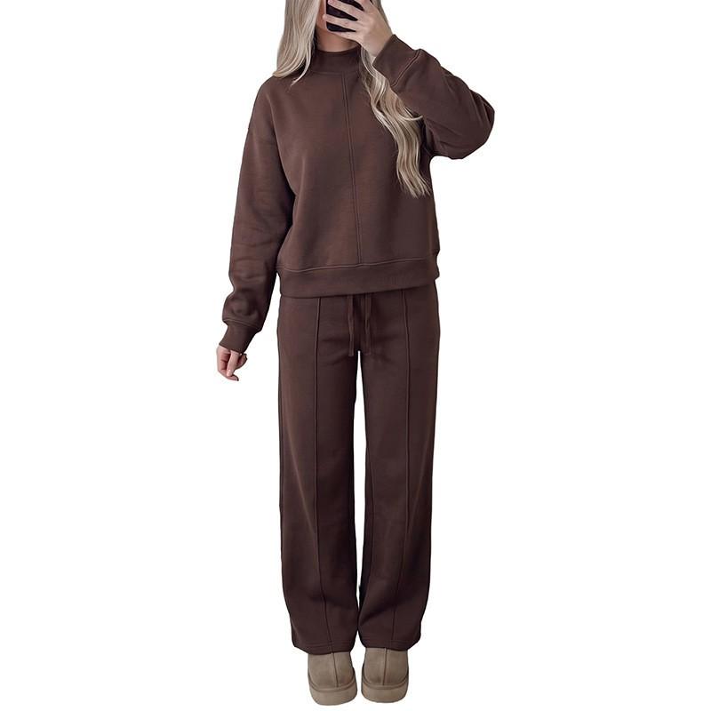 2026 Womens Solid Color Drawstring Casual 2-Piece Set Loose Long Sleeve Hoodie Straight Leg Pants