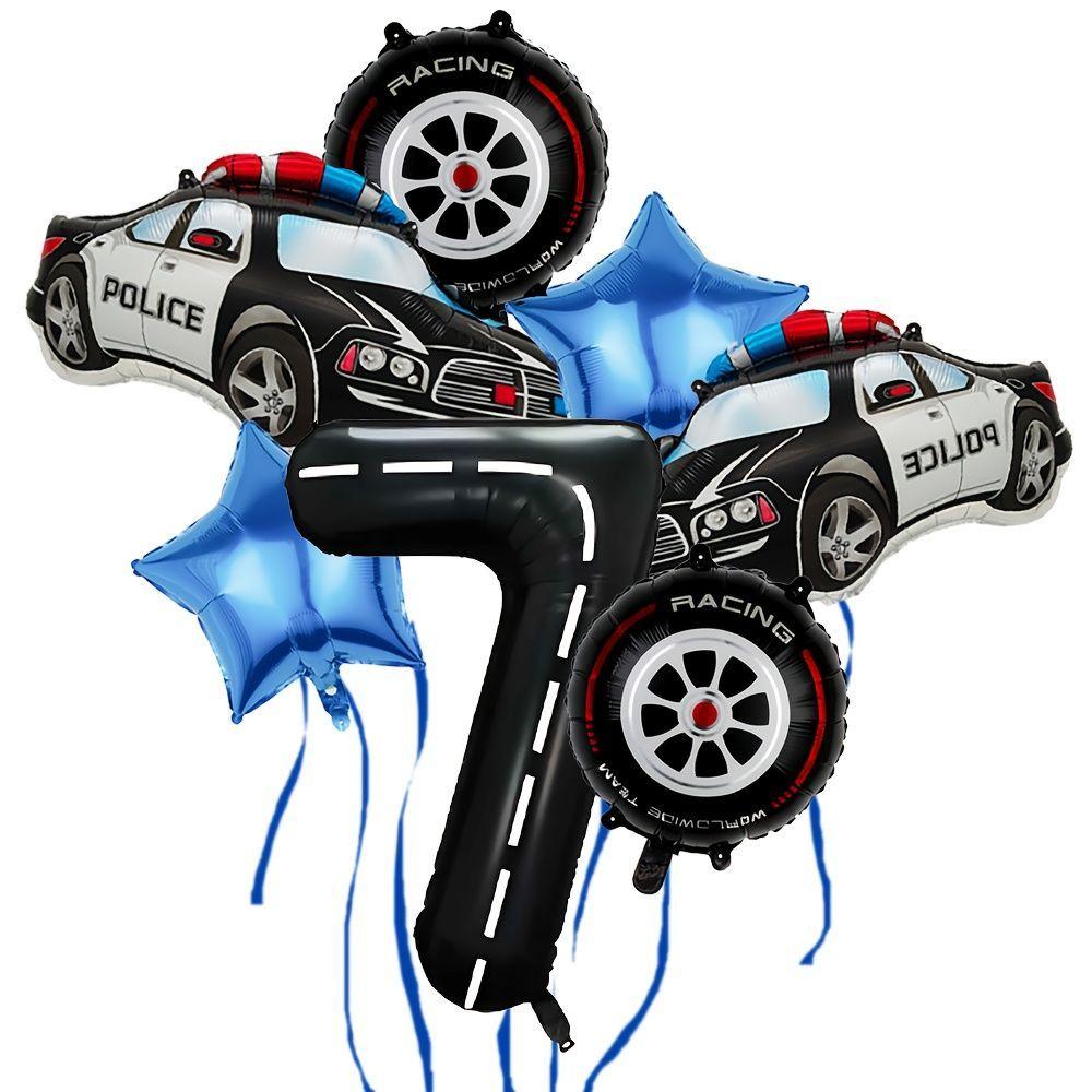 Police Car-themed Tire Digital Aluminum Film Balloon Set for Children's Birthday Party Racing Decoration