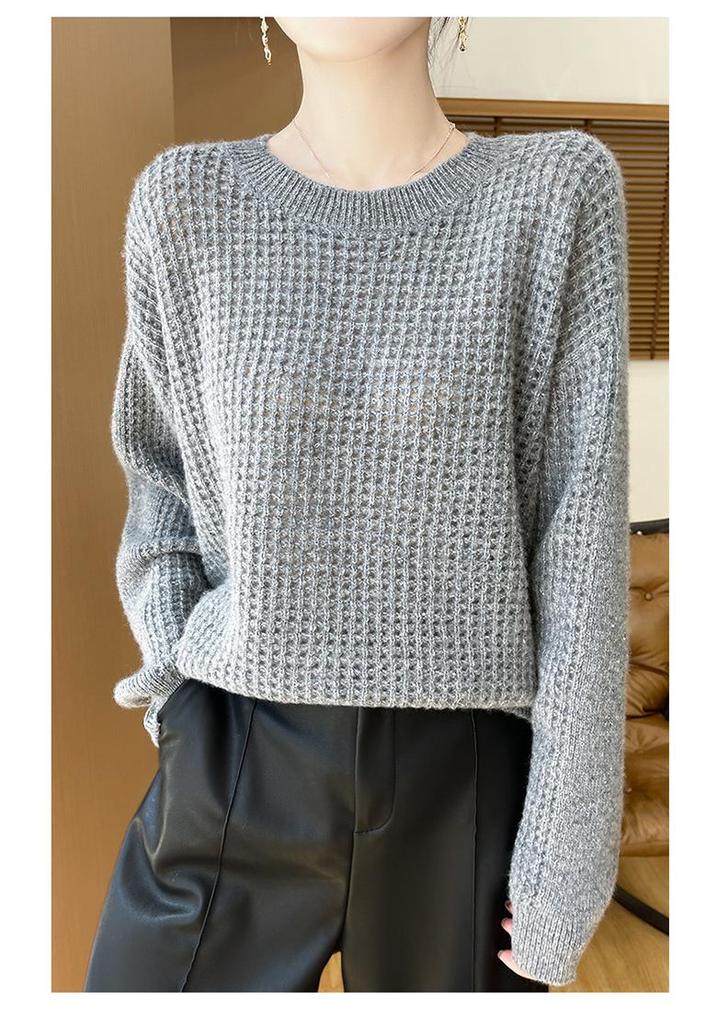 Women's 100% Wool Knit Sweater - Round Neck, Versatile Slimming Style, Cashmere Pullover, Cardigan Base Layer