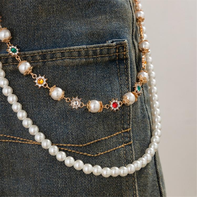 Double Layered Pearls Flower Pants Chain for Adult Unisex Trousers Chain Decorative Wallet Chain Stylish Waist Ornament
