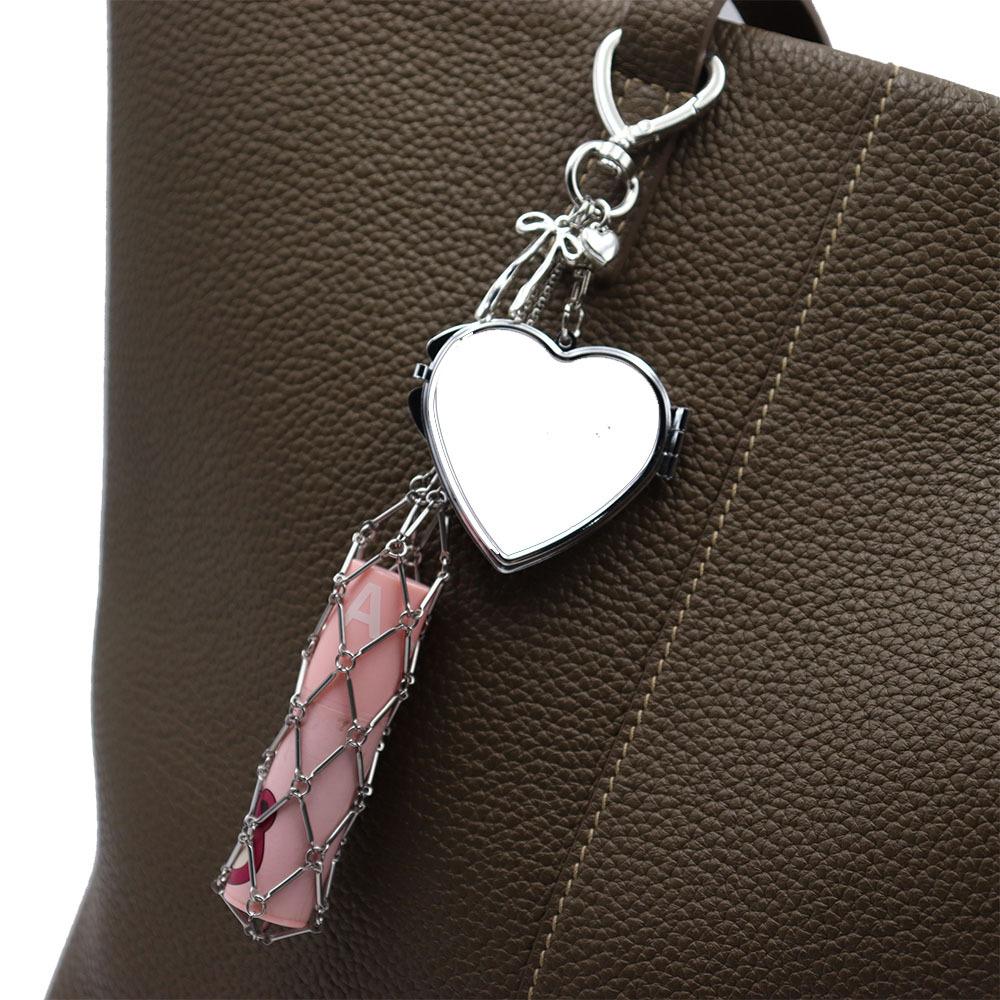 Adjustable Metal Mesh Lipstick Holder Purse Lip Gloss Bag with Makeup Mirror Keychain Pendant with Heart Star Charm for Women