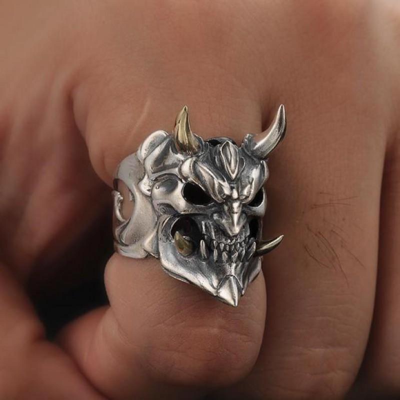 Adjustable Open Ring Men Women Vintage Demon Mask Skull Geometric Finger Copper Plated