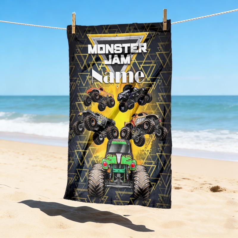 Custom Name Monster Jam Night Stylish Digital Printing Beach Towel Quick‑Drying Absorbent Blanket for Beach Pool Gym Travel