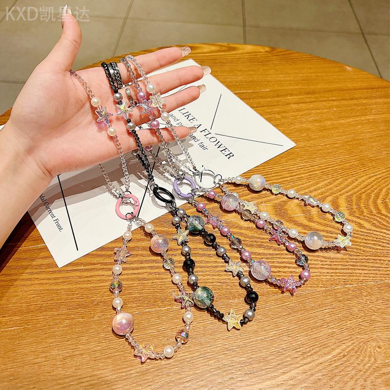 New Crystal Starfish Double-Layer Phone Chain Ins Style Crystal Pearl Beaded Short Phone Lanyard Women's Bag Pendant