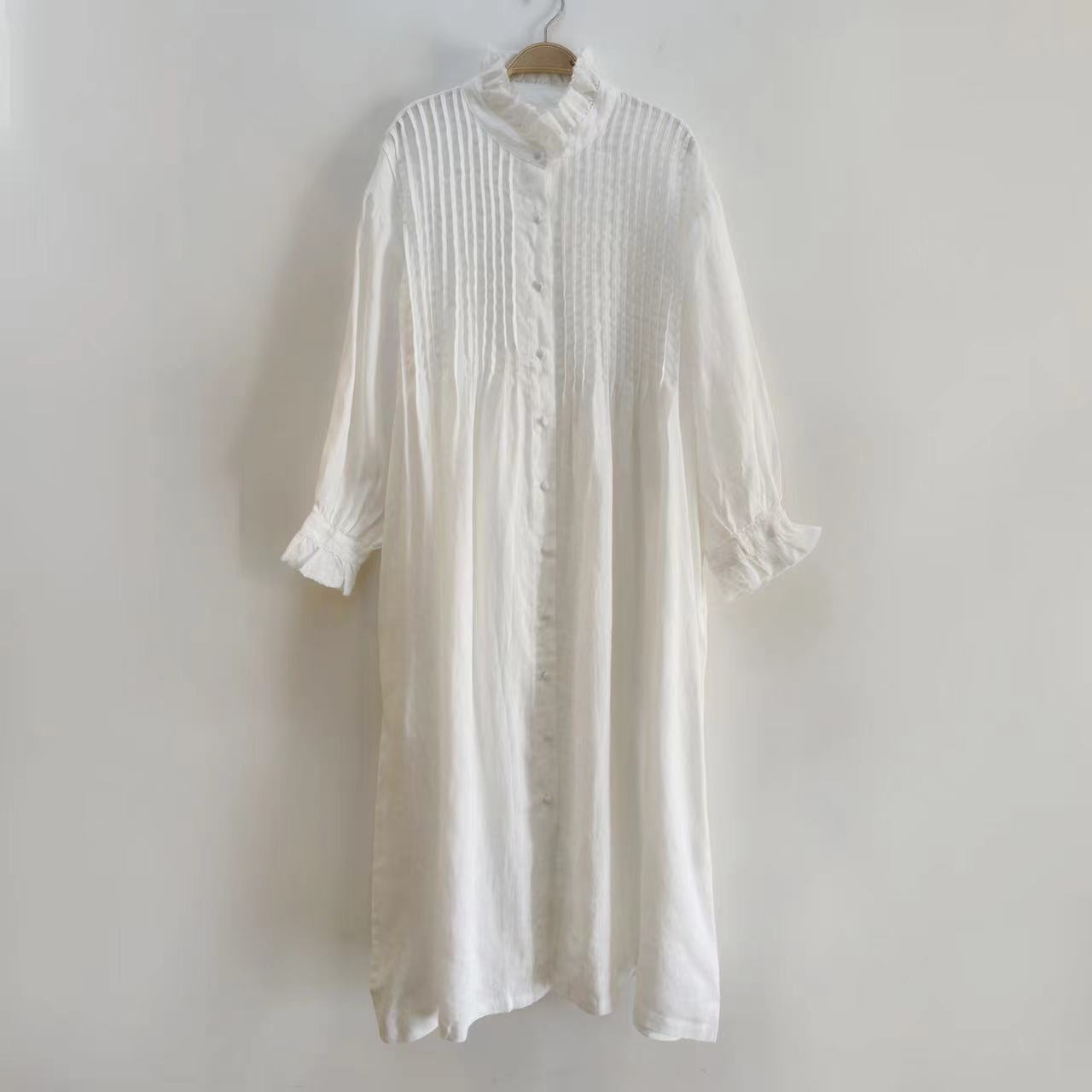 

Johnature Весенние тонкие однотонные плиссированные женские платья повседневные винтажные оборки воротник свободные белые женские платья One Size белый