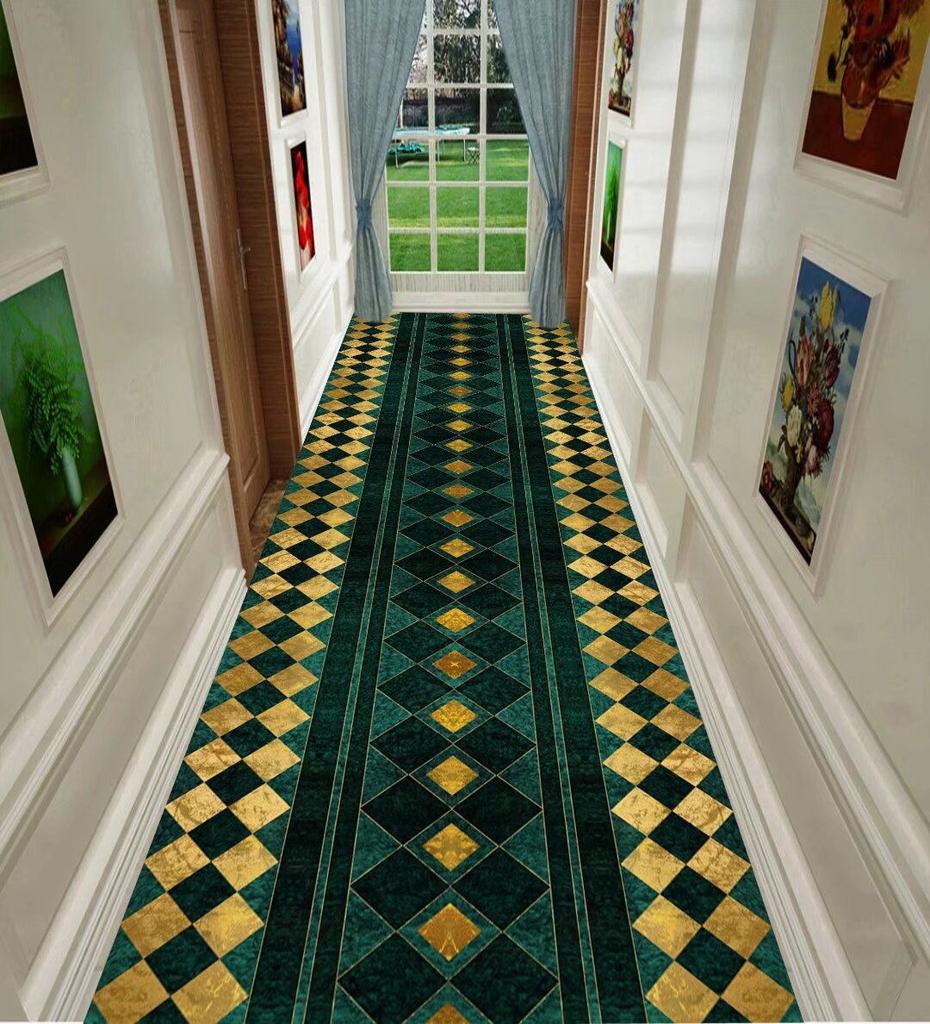 Modern Green Geometric Long Carpets Hallway Anti-slip Stairway Floor Mat Washable Luxury Rugs for Living Room Aisle Customizable