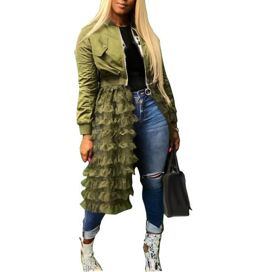 Fashion Women Autumn Long Sleeve Zipper Jacket Lacework Mesh Midi Dress Coat