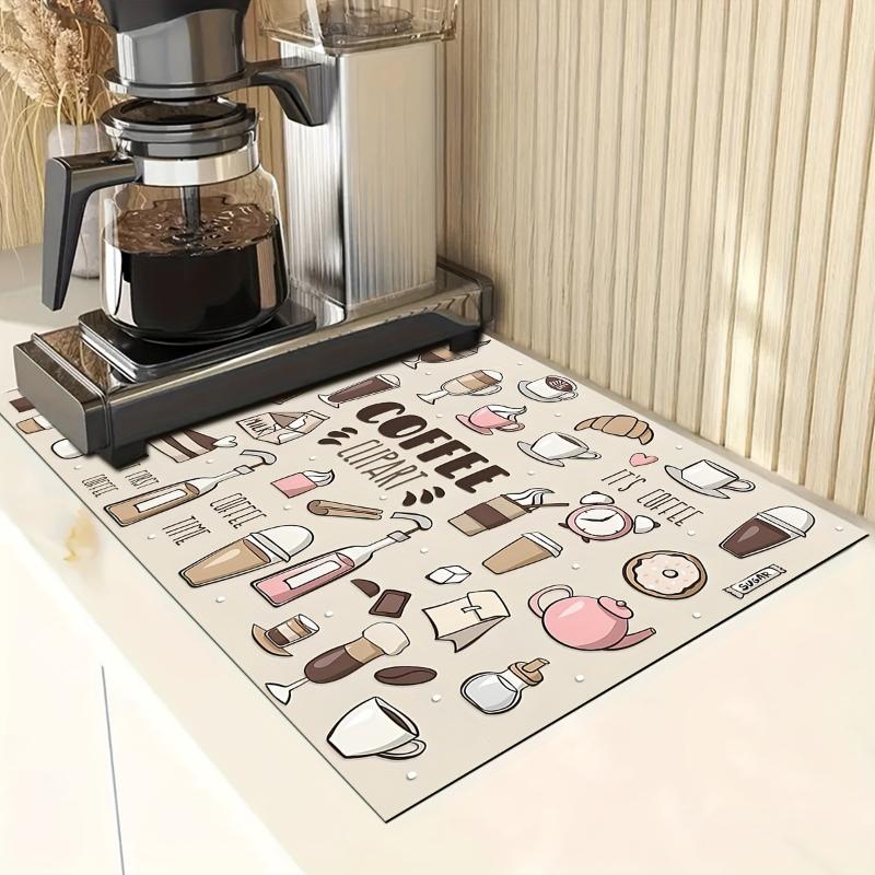 Coffee Graffiti Pattern Drainage Mat, Non-Slip Rubber Absorbent Placemat Perfect Accessory for Kitchen Countertops Home Decor