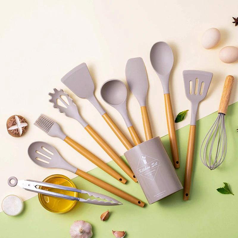 

12Pcs Silicone Kitchen Cookware Utensils PP Handle Turner Food Grade Spatula Measuring Spoon Practical Cooking Tool Kitchenware хаки