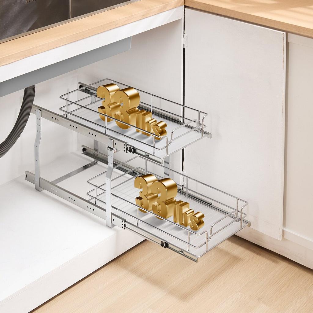 2-Tier Wire Pull Out Cabinet Under Sink Organizer 12"x21" Drawer Basket