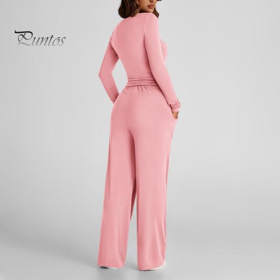 Long Sleeve Top Women Pants Set for Spring Fall, Slim Fit Crewneck Sweatshirt, Two Piece Sets Elastic Waist Loose Wide Leg Pants, Solid Color