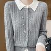 Spring and Autumn Women's Color-Block Cardigan Sweater Collared Loose Soft Knit Cardigan Top