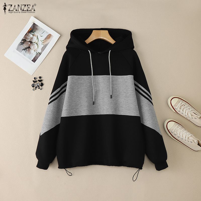 ZANZEA Women Hoodies Casual Long Sleeve Patchwork Pullover Hooded Sweatshirts