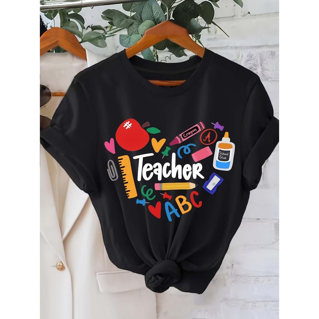 1 Women's Casual Floral Print T-Shirt - Polyester Knitted Fabric, Short Sleeves, Crew Neck, Stretch, Summer Top for Schools and Offices