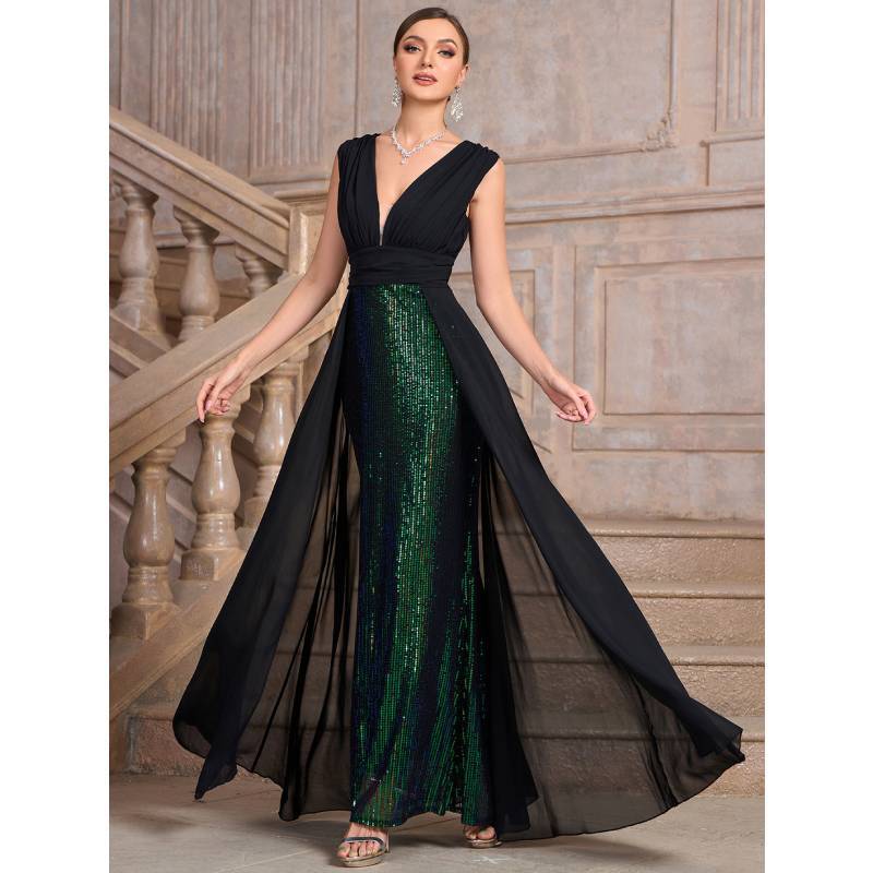 Polyester Sequined A Line Dress For Formal Parties With V Neck And Sleeveless Design
