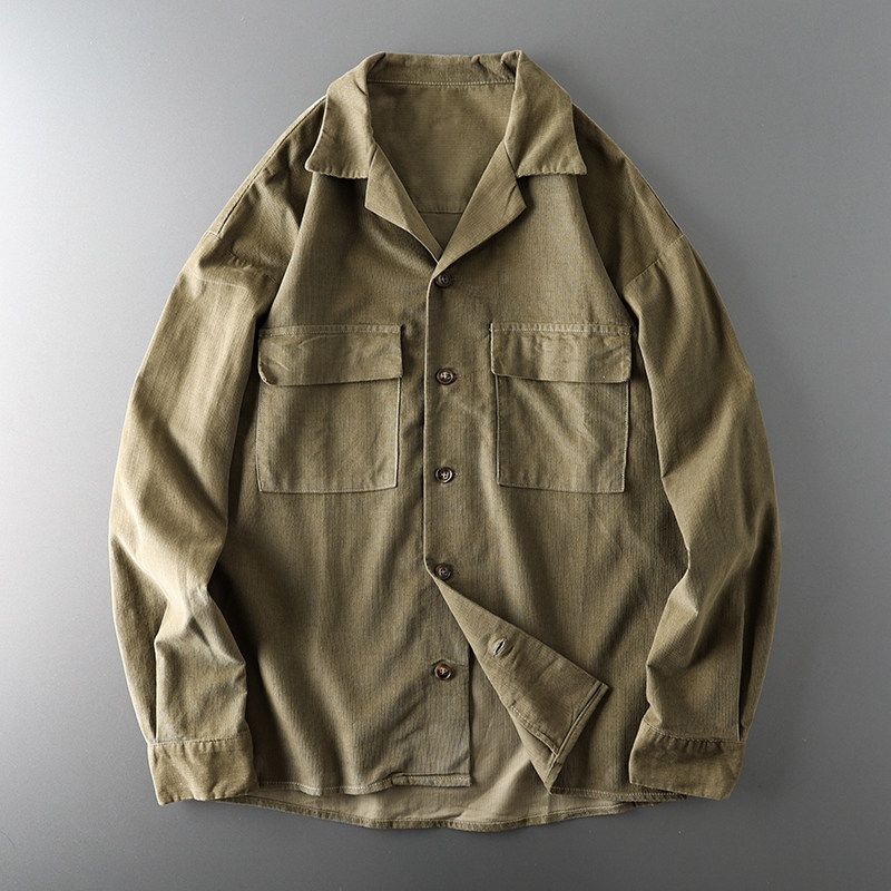 Cuban Collar Tooling Style Long Sleeve Export Shirt Khaki M