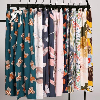 Summer Cotton Silk Pajama Pants for Women Floral Sleepwear Wide Leg Pants Oversized Loose Floral Long Pants