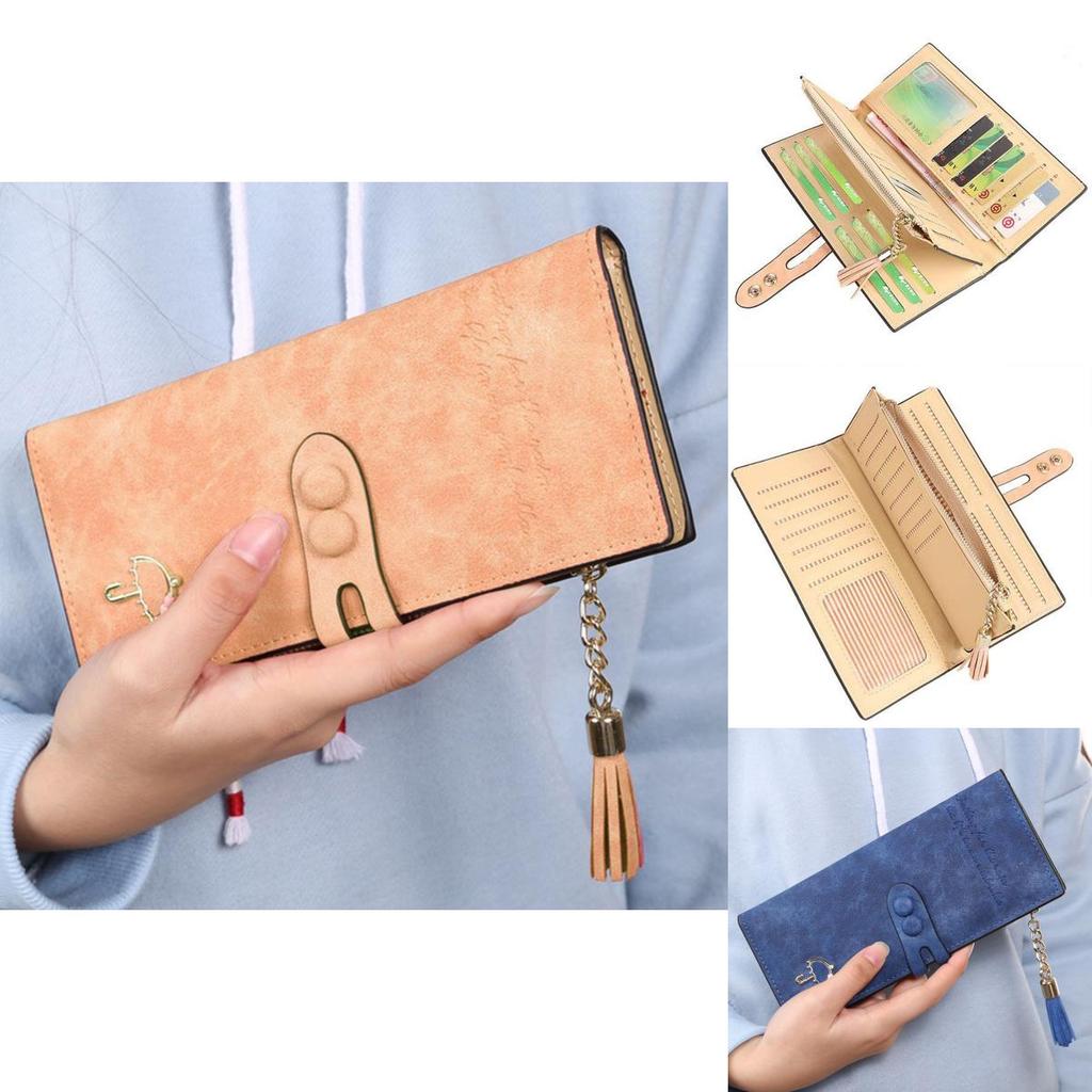Elegante Tarjetero de Cuero para Mujer Billetera Larga Plegable con Borla y Bolsillo para Chequera