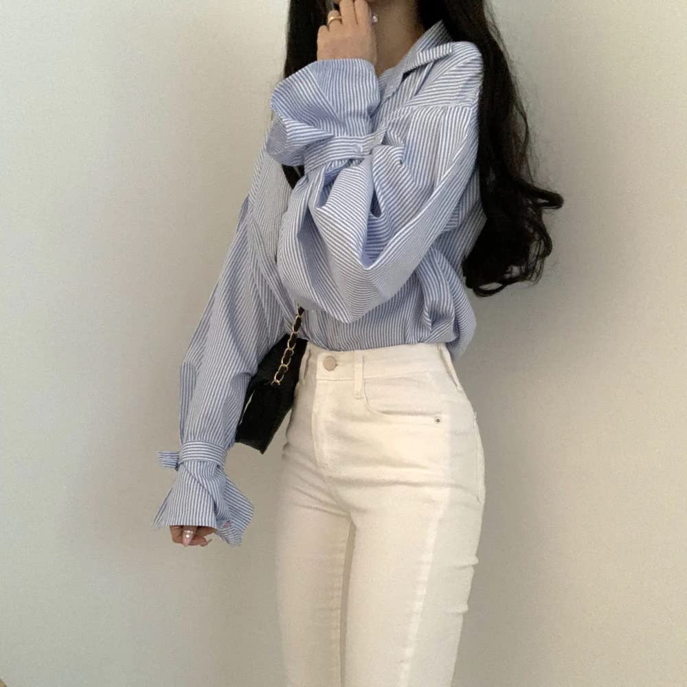 Striped and Knit Vest Ruffled Sweater Korean Style for and [KOREARU] Women's Shirt, Blouse, Set. Blouse. Spring, Summer, Fall, Winter. (Shirt [Blue])