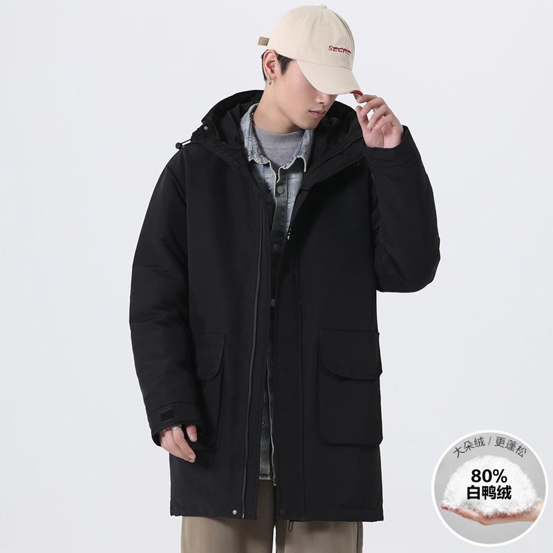 Cargo down jacket male mid-length solid color fashion couple white duck down hooded down jacket for men