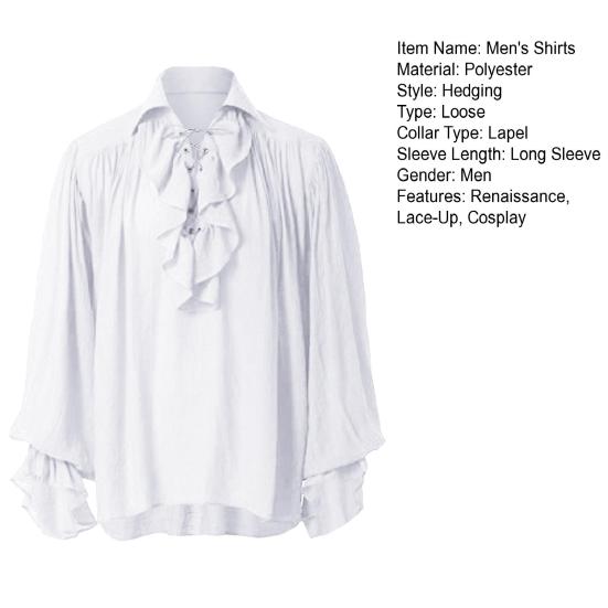 Camisa renascentista masculina, fantasia de manga longa com babados, camisa medieval de pirata steampunk para cosplay, palco, drama