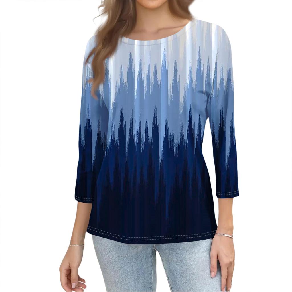 Women's Fashion Casual Three-Quarter Sleeve Floral Print Round Neck Top