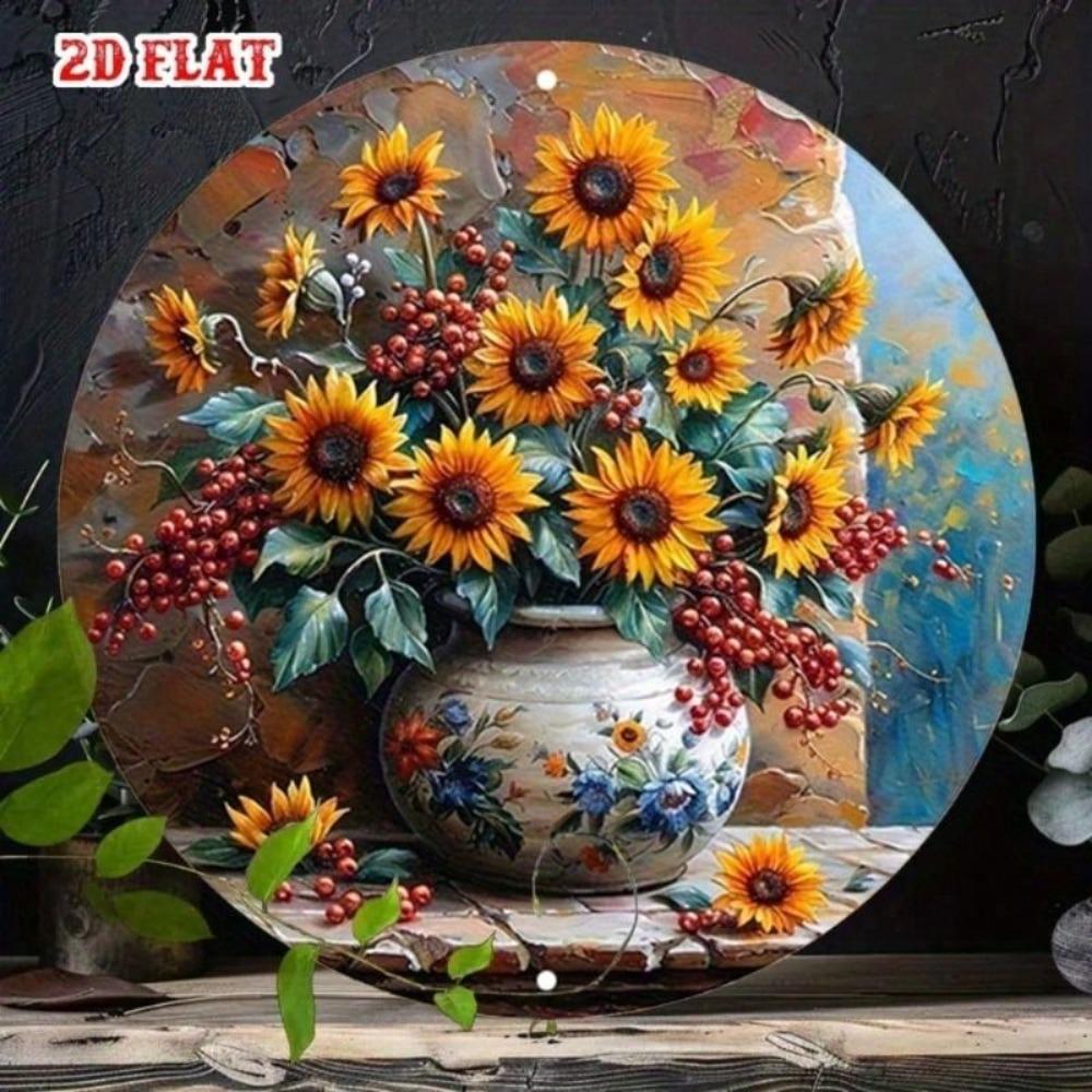 Round Metal Sunflower Wall Art Rustic Kitchen Decor 20cm